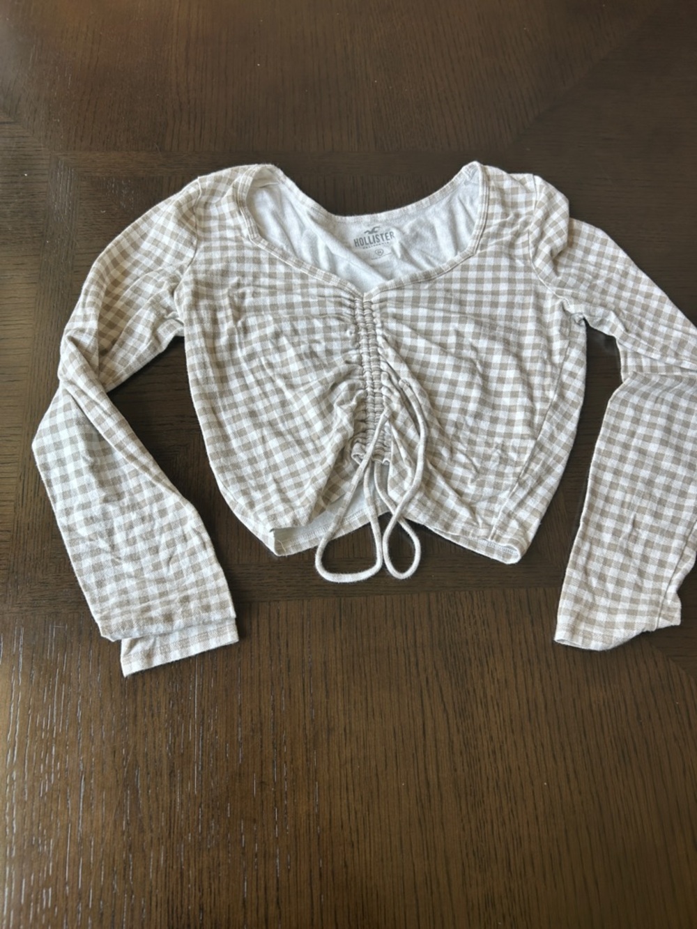 Hollister Beige and White Gingham Ruched Drawstring Crop Top